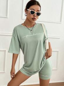 SHEIN Unity Bộ 2 món áo thun cổ tròn tay ngắn in chữ và quần short bó thường ngày cho nữ - Màu xanh Bạc hà - Xem 5