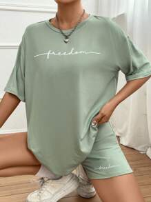 SHEIN Unity Bộ 2 món áo thun cổ tròn tay ngắn in chữ và quần short bó thường ngày cho nữ - Màu xanh Bạc hà - Xem 6