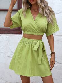 SHEIN VCAY 素色交疊領短款上衣和腰帶半身裙 - 綠色 - 查看 4