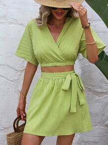 SHEIN VCAY 素色交疊領短款上衣和腰帶半身裙 - 綠色 - 查看 6