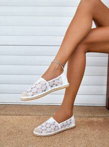 Styleloop 女子鞋款，蕾絲拼接便攜式平底夏季休閒編織平底鞋，白色野外鞋款 - 白色 - 查看 5