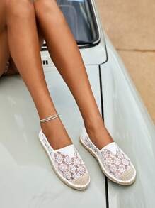 Styleloop 女子鞋款，蕾絲拼接便攜式平底夏季休閒編織平底鞋，白色野外鞋款 - 白色 - 查看 3