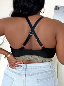 SHEIN Swim Curve Plus Scallop Trim Halter Bikini Top - Black - View 2