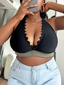 SHEIN Swim Curve Plus Scallop Trim Halter Bikini Top - Black - View 4