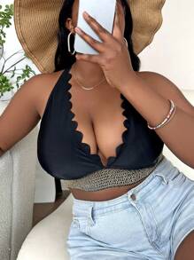 SHEIN Swim Curve Plus Scallop Trim Halter Bikini Top - Black - View 5