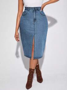 大碼高腰高衩牛仔半身裙 - 中等水洗藍 - 查看 1