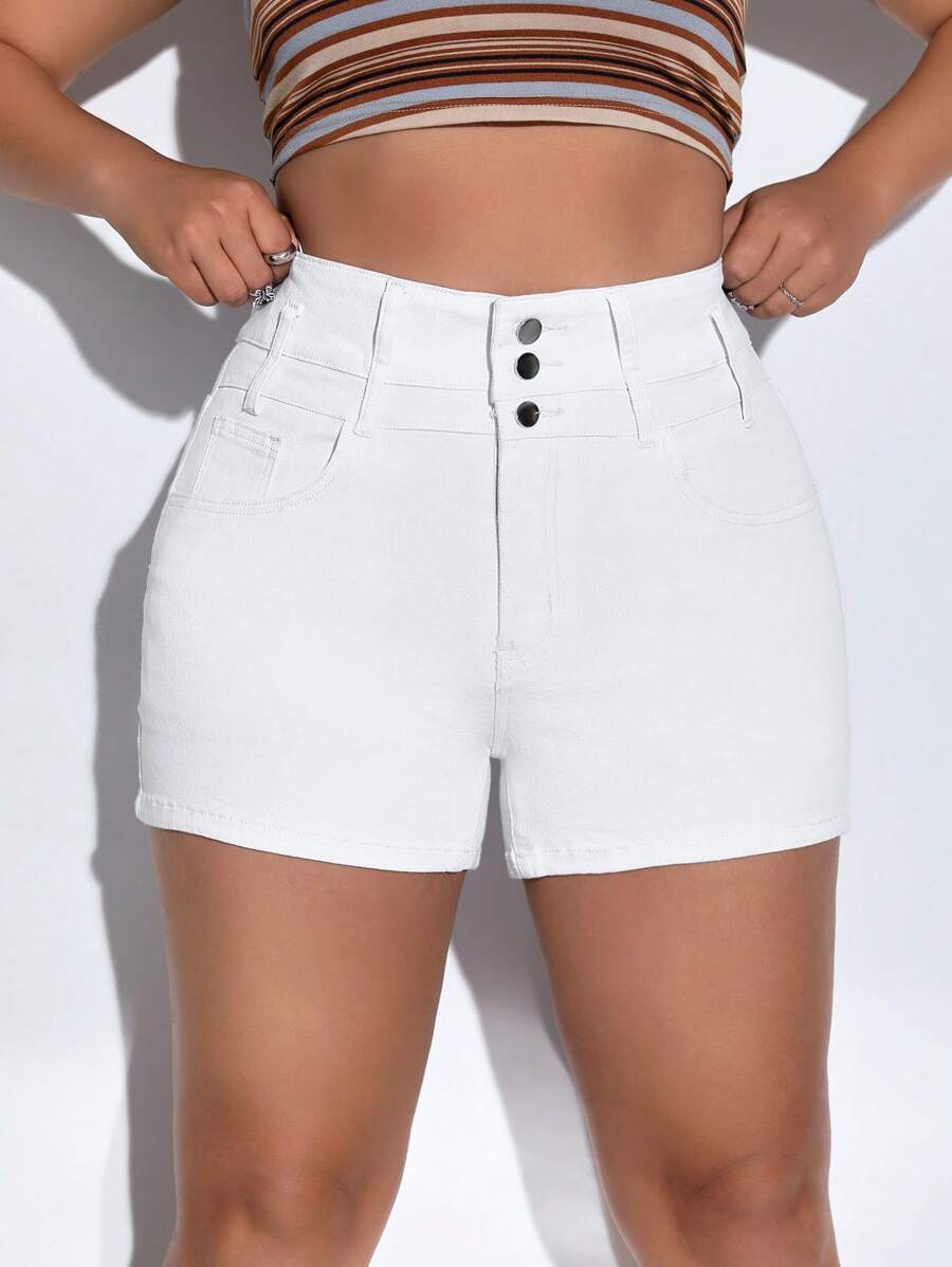 SHEIN Essnce 大碼高腰牛仔短褲 - 白色 - 查看 1