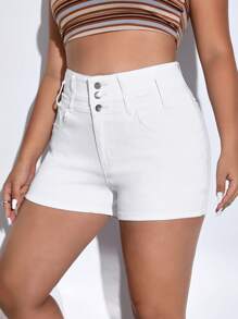 SHEIN Essnce 大碼高腰牛仔短褲 - 白色 - 查看 6