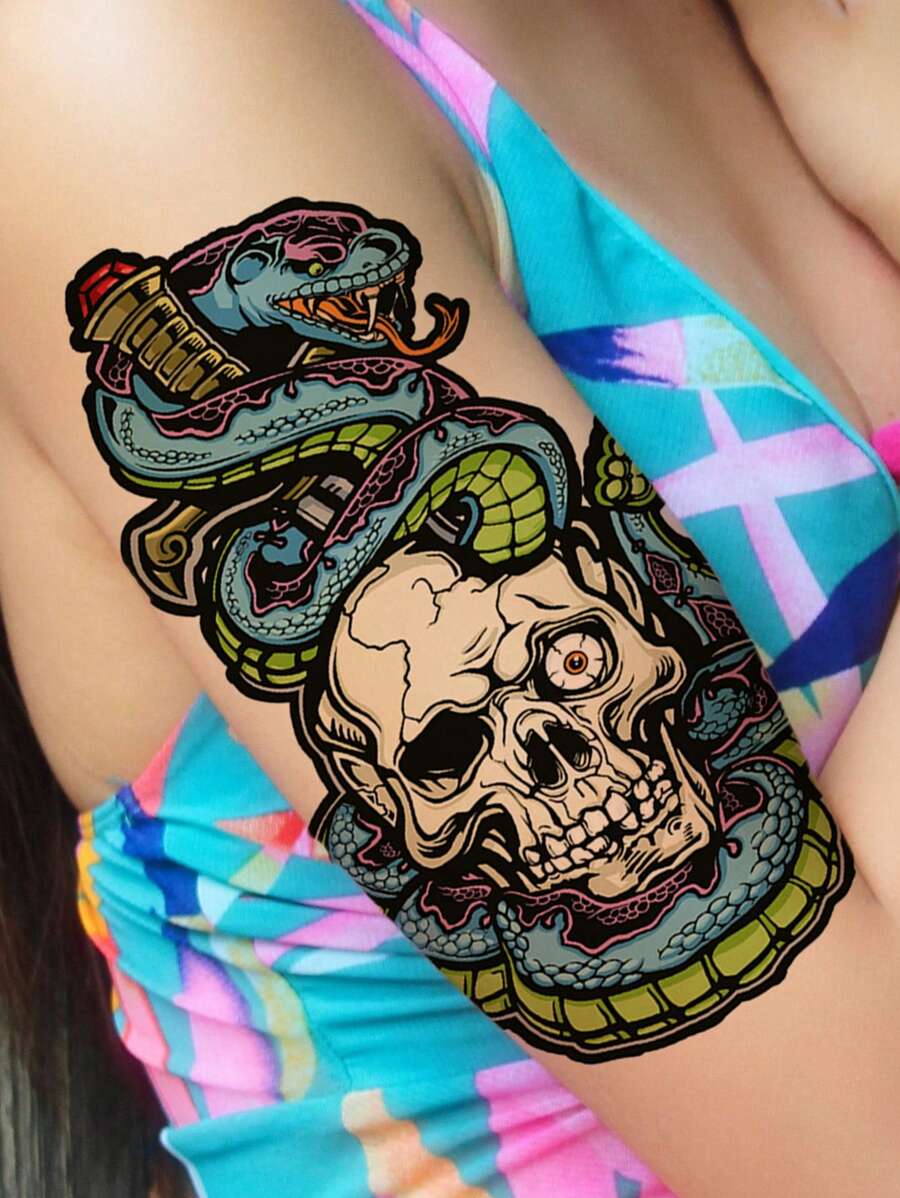 1 hoja Pegatina tatuaje esqueleto & con patrón de serpiente - Multicolor - Ver 1