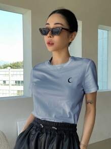 DAZY Áo thun nữ Thêu Thiên hà Giải trí - Màu xanh lam - Xem 3