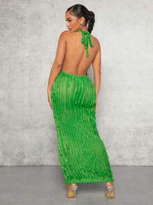 SHEIN SXY Đầm Lộ Lưng Cắt ra Buộc lại màu trơn Gợi cảm - màu xanh lá - Xem 3