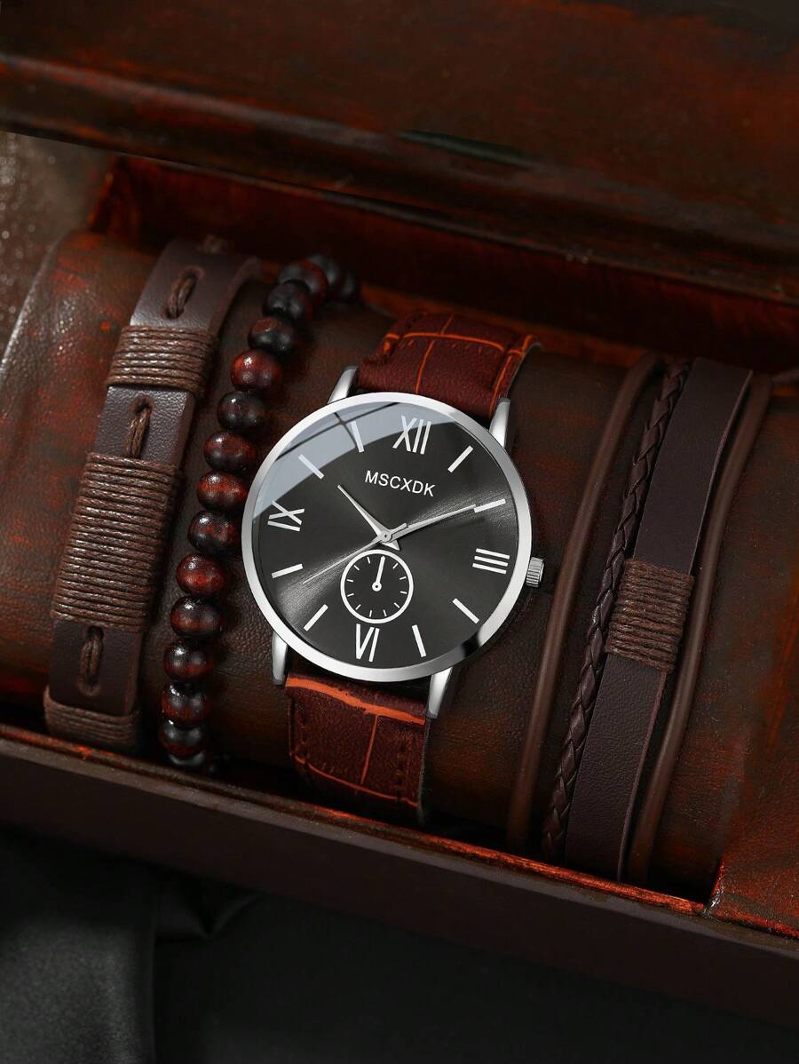 MSCXDK 1pc Men Round Pointer Quartz Watch & 3pcs Bracelet
