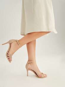 SheIn BIZ 女式極簡細高跟踝帶涼鞋，優雅夏季高跟涼鞋 - 杏色 - 查看 3