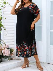SHEIN LUNE Plus Floral Print Batwing Sleeve Dress - Black - View 7