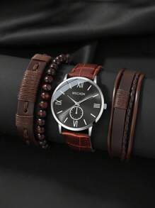 MSCXDK 1pc Men Round Pointer Quartz Watch & 3pcs Bracelet