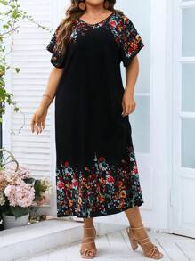 SHEIN LUNE Plus Floral Print Batwing Sleeve Dress - Black - View 3