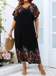 SHEIN LUNE Plus Floral Print Batwing Sleeve Dress - Black - View 4