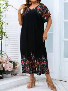 SHEIN LUNE Plus Floral Print Batwing Sleeve Dress - Black - View 5