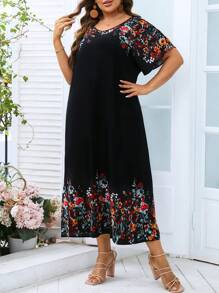 SHEIN LUNE Plus Floral Print Batwing Sleeve Dress - Black - View 6