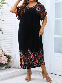 SHEIN LUNE Plus Floral Print Batwing Sleeve Dress - Black - View 1