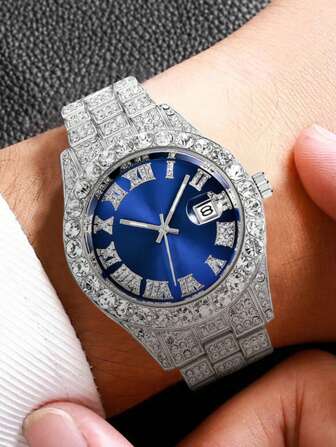 男士水鑽裝飾圓形指針日期石英手錶
