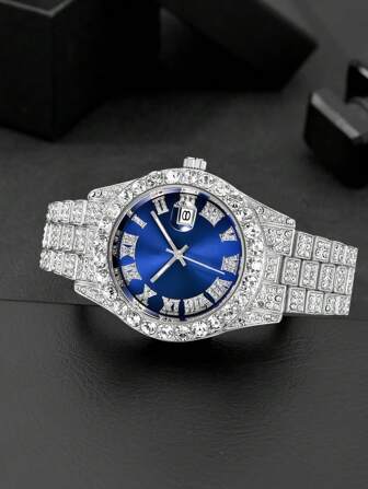 男士水鑽裝飾圓形指針日期石英手錶