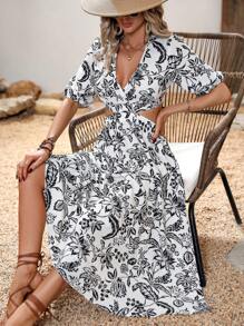 SHEIN VCAY 印花腰部鏤空連衣裙 - 黑與白 - 查看 1