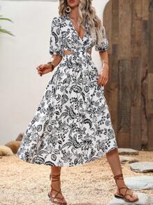 SHEIN VCAY 印花腰部鏤空連衣裙 - 黑與白 - 查看 3