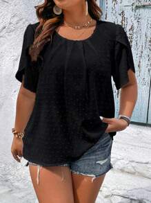 SHEIN LUNE Áo sơ mi Plus Size phân lớp Uốn nếp màu trơn Giải trí - màu đen - Xem 1