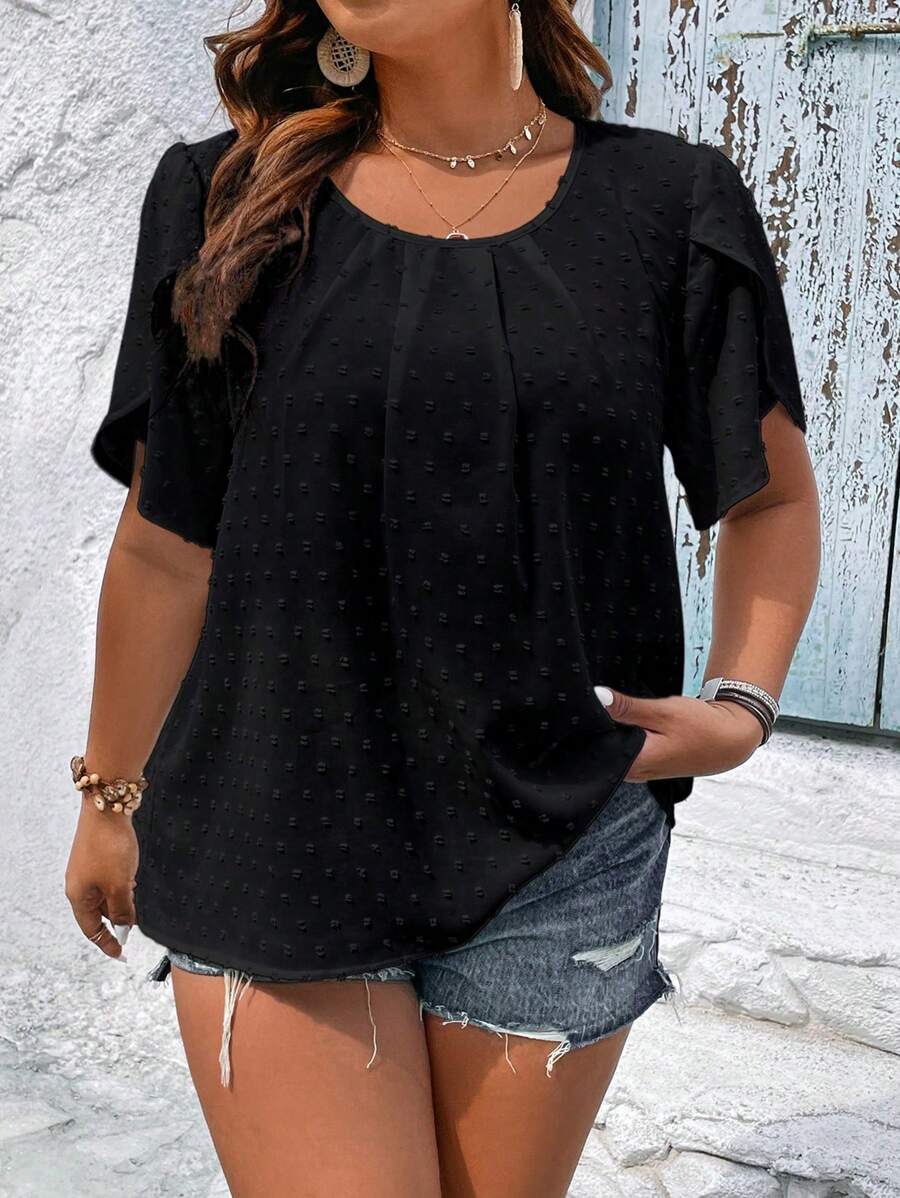 SHEIN LUNE Áo sơ mi Plus Size phân lớp Uốn nếp màu trơn Giải trí - màu đen - Xem 1