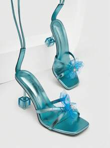 女士蝴蝶裝飾高跟前衛藍色綁帶涼鞋 - 藍色 - 查看 6