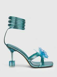 女士蝴蝶裝飾高跟前衛藍色綁帶涼鞋 - 藍色 - 查看 4