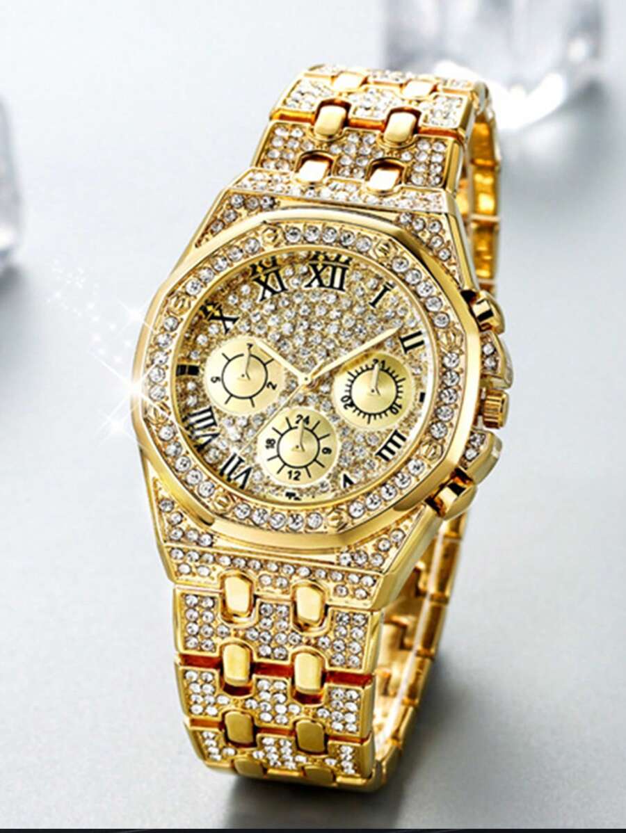 1pc Men's Fashion Triple-Eye Roman Scale Full Crystal Dial Quartz Stainless Steel Band Wristwatch, Suitable For Birthday, Anniversary, Back To School, Halloween,