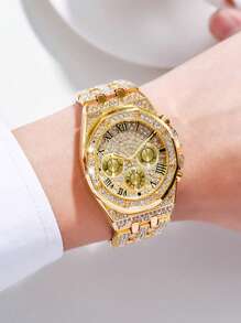 1pc Men's Fashion Triple-Eye Roman Scale Full Crystal Dial Quartz Stainless Steel Band Wristwatch, Suitable For Birthday, Anniversary, Back To School, Halloween,
