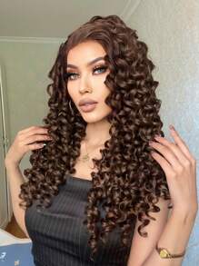 13*1.5 Synthetic Lace Front Wigs Long Chocolate Brown Natural Spiral Curly Lace Front Wig For Fashion Charming Women Daily Party Use Glueless Heat Resistant Fiber Hair High Density 24 Inch Free Part Natural Pre-Plucked Hairline HD Transparent Lace Wig School Halloween Christmas Costume Accessories & 1pc Wig Cap - Chocolate Brown - View 3