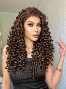 13*1.5 Synthetic Lace Front Wigs Long Chocolate Brown Natural Spiral Curly Lace Front Wig For Fashion Charming Women Daily Party Use Glueless Heat Resistant Fiber Hair High Density 24 Inch Free Part Natural Pre-Plucked Hairline HD Transparent Lace Wig School Halloween Christmas Costume Accessories & 1pc Wig Cap - Chocolate Brown - View 4