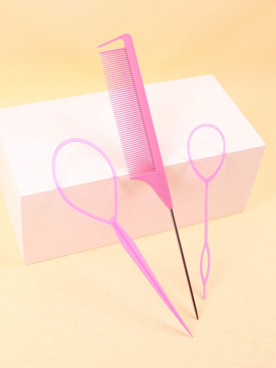 Bộ 3 dụng cụ kẹp tóc tết đuôi tóc kiểu Pháp bằng kim loại, lược đuôi chuột, thiết kế kiểu tóc - Hồng - Xem 1