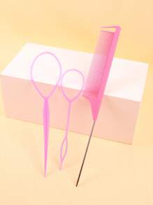 梳子套裝,3入組電話線髮圈工具套裝頭髮尾巴法式編織金屬針鼠標尾巴梳子髮型設計頭髮造型梳子套裝 - 粉色 - 查看 4