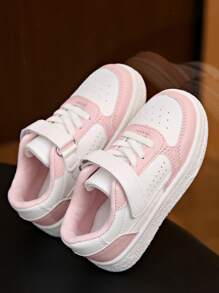 1 Pair Girls' Minimalist Patchwork Double-Color Elastic Strap Hook-And-Loop Fashion Skate Shoes, Kids Sports Shoes With Elastic Closure And Perforated Breathable Design, Suitable For All Seasons Back To School Primary And Secondary Schools