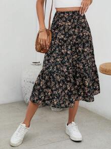SHEIN VCAY Ditsy Floral Print Ruffle Hem Skirt - Multicolor - View 1