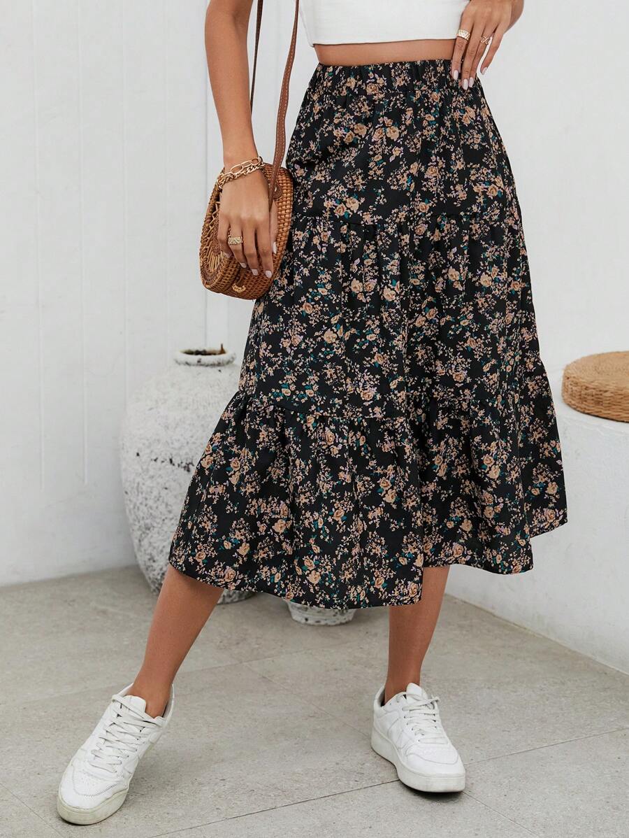 SHEIN VCAY Ditsy Floral Print Ruffle Hem Skirt - Multicolor - View 1
