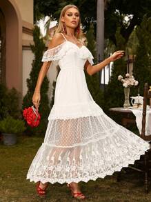 Glamaker Vestido de hombros descubiertos ribete con fruncido con encaje - Blanco - Ver 1