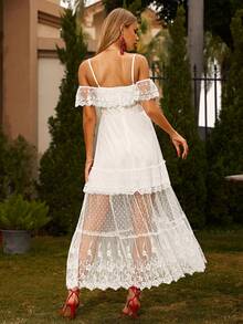 Glamaker Vestido de hombros descubiertos ribete con fruncido con encaje - Blanco - Ver 2