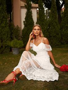 Glamaker Vestido de hombros descubiertos ribete con fruncido con encaje - Blanco - Ver 4