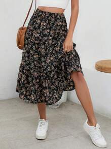 SHEIN VCAY Ditsy Floral Print Ruffle Hem Skirt - Multicolor - View 6