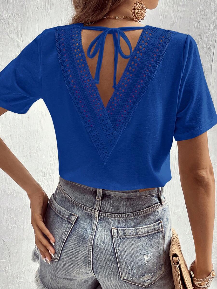 SHEIN LUNE Guipure Lace Panel Tie Back Tee - Blue - View 1