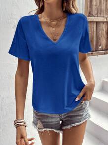 SHEIN LUNE Guipure Lace Panel Tie Back Tee - Blue - View 2