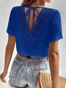 SHEIN LUNE Guipure Lace Panel Tie Back Tee - Blue - View 3