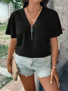 SHEIN LUNE 大碼半拉鏈插肩袖T恤 - 黑色 - 查看 2