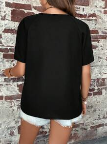 SHEIN LUNE 大碼半拉鏈插肩袖T恤 - 黑色 - 查看 3